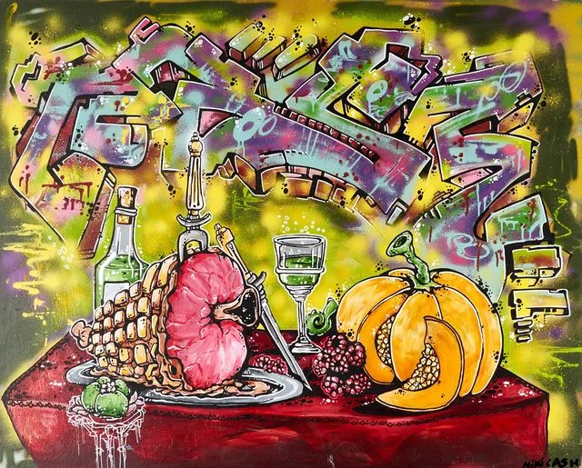 NIKI CASH (FÖDD 1973). Stilleben, signerad Niki Cash, mixed media/graffiti på pannå.