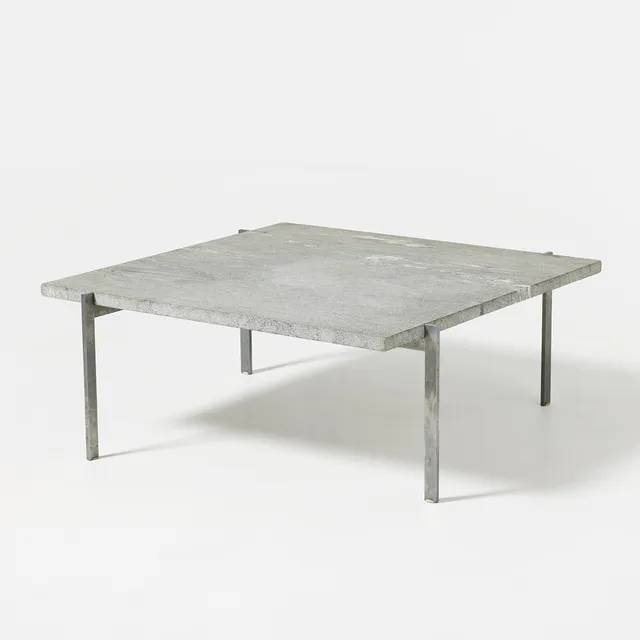 POUL KJAERHOLM. "PK-61", soffbord, E. Kold Christensen, Danmark, formgivet 1956, stål, skiva i cipollino-marmor.