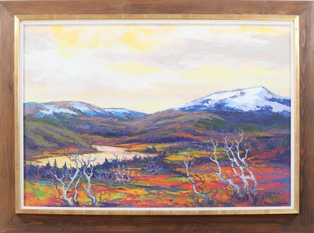 BIRGER WELANDER. olja på pannå,"Motljus över fjällen", signerad.