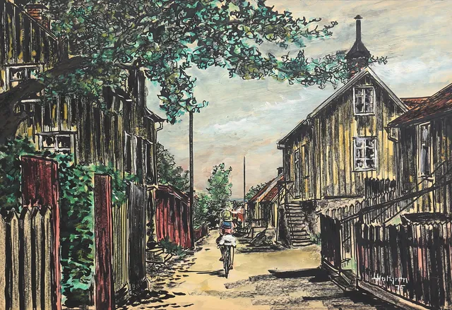 LARS HULTGREN. Besvärsgatan, Oskarshamn. Blandteknik, signerad och daterad 75.