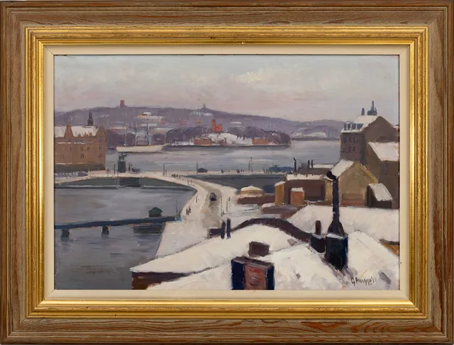 GUNNAR BERGQVIST. Vy över Slussen mot Kastellholmen, olja på pannå, signerad.