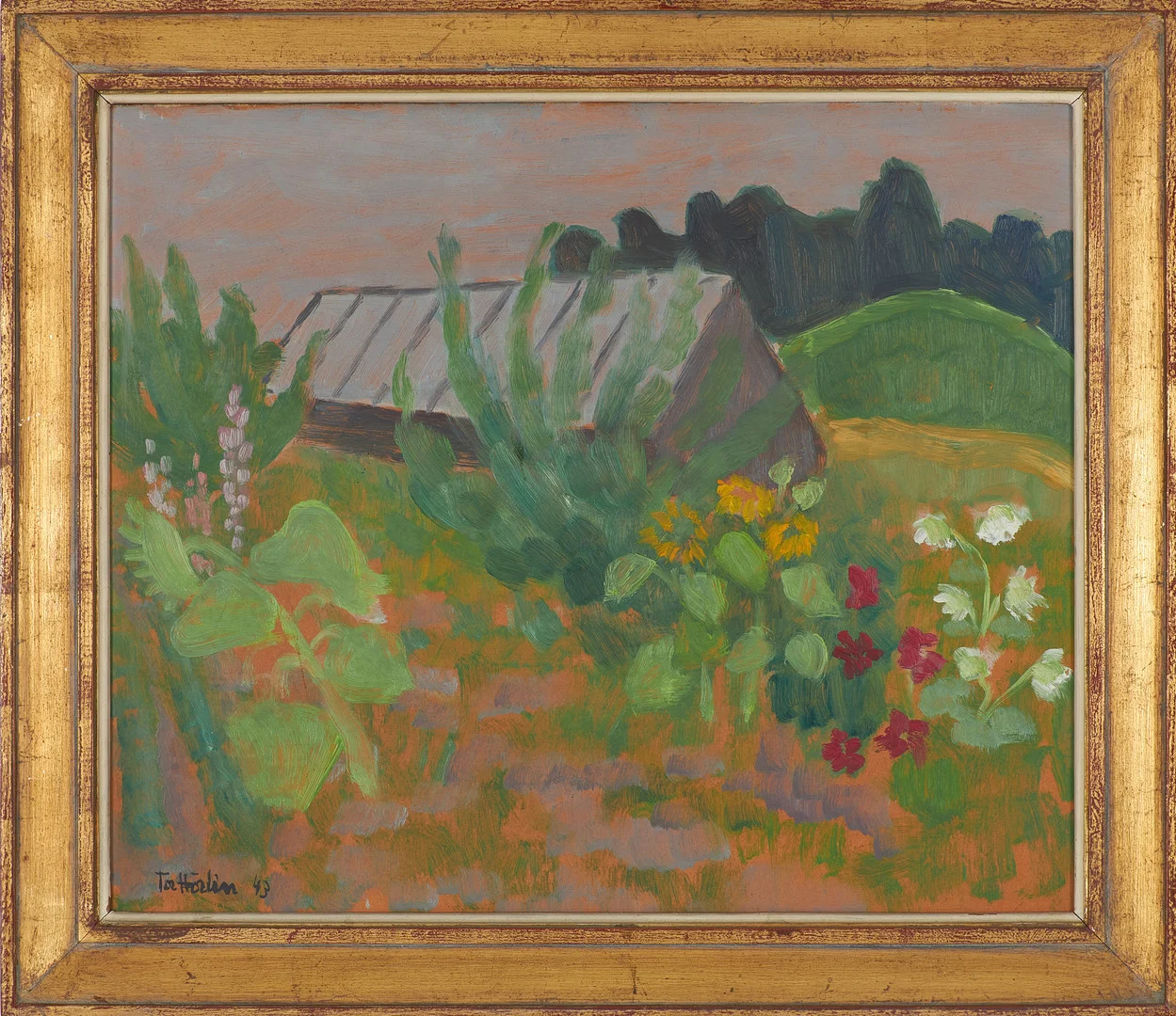 TOR HÖRLIN. "Det gamla växthuset", signerad samt daterad -43, olja på pannå. — Paintings — Stockholms Auktionsverk Sickla