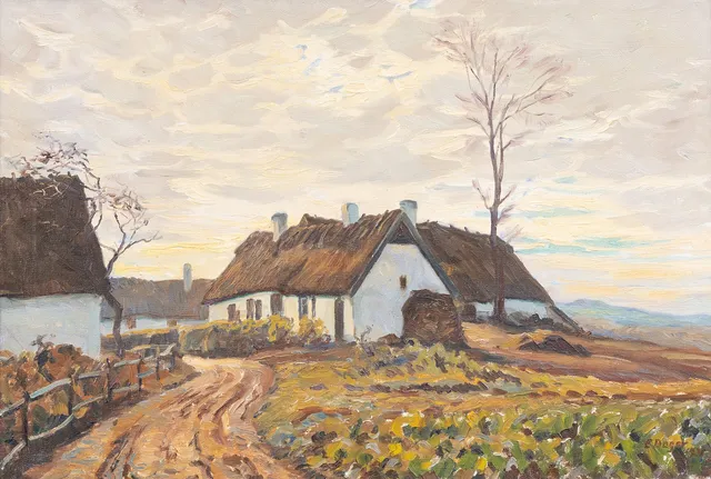 EINAR BAGER. Gårdar i landskap, olja på duk, signerad.