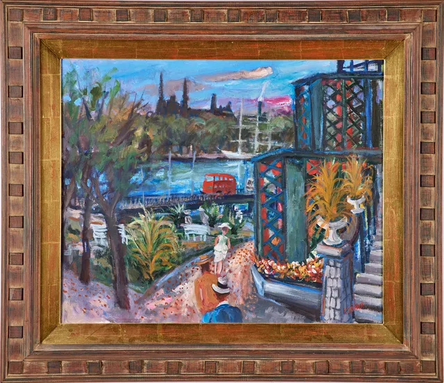 CHARLES SJÖHOLM. Motiv från Operakällaren/café Opera mot Strömbron och Amiralitetet på Skeppsholmen i Stockholm, oljemålning.