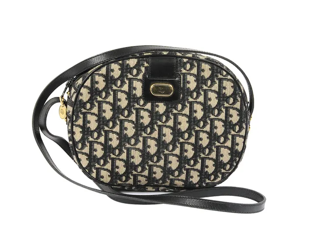 VÄSKA, CHRISTIAN DIOR, vintage, svart läder, svart/beige tyg, 21x 17x7cm,