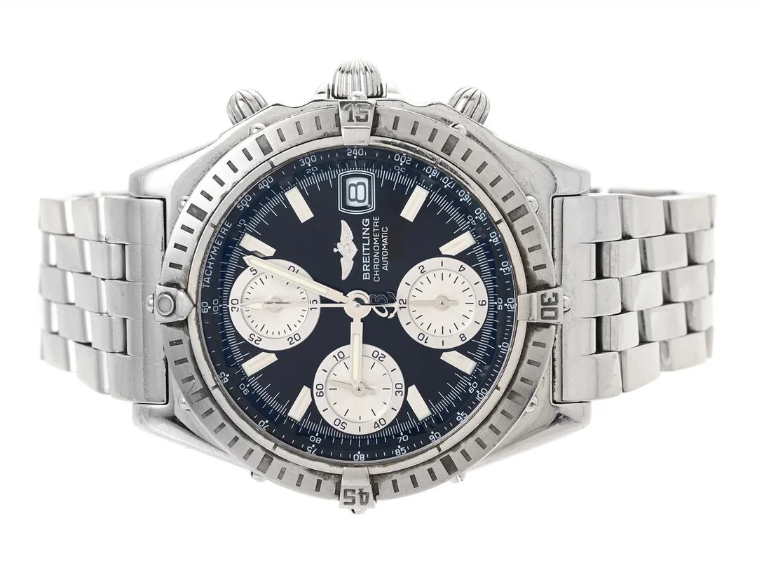 BREITLING, Chronomat, Chronometre, "Tachymetre", Cal 13 (ETA 7750), Verk nr. 629172, Serie nr. 629172, Ref nr. A13352, Boett nr. 23xx B4, kronograf, herrur, 39 mm, stål, automatisk, safirglas, datum, Pilotlänk, viklås, Ref nr. S4303/300A, cert, december 2003, box (skadad), ytterkartong (skadad). — Klockor/Breitling — Kaplans