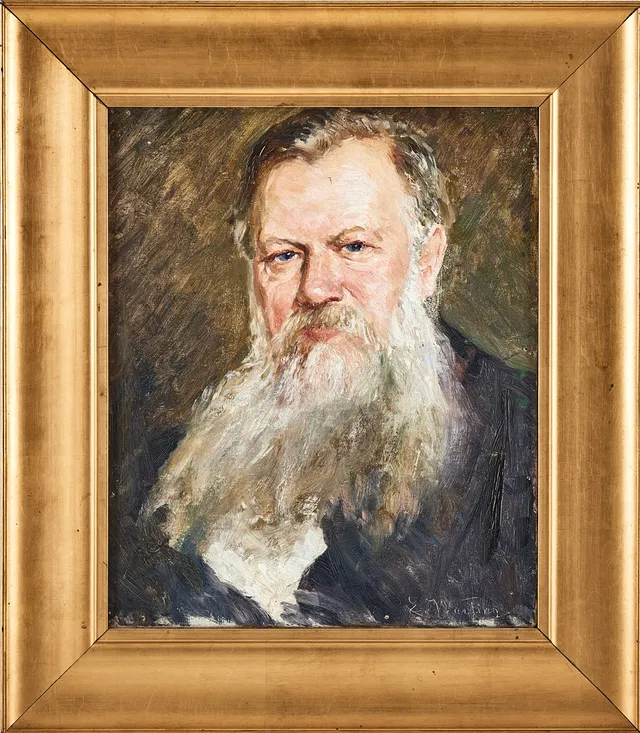 ELISABETH WARLING. Porträtt av Riksantikvarien Hans Olof Hildebrand, olja på duk, signerad.