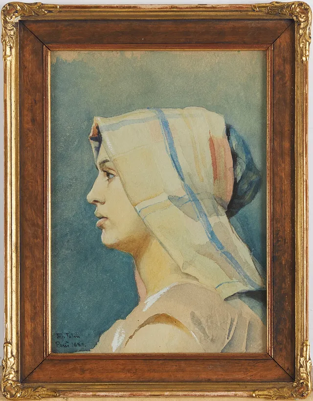 ELLEN JOLIN. Kvinna i profil, akvarell, signerad och daterad ". Jolin Paris 1889.