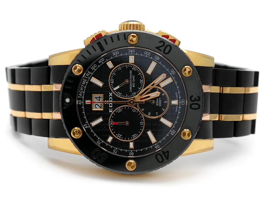 EDOX, Class 1, Chronoffshore (300M/1000FT), "Tachymetre", Serie nr. 371783, Ref nr. 10014, Boett nr. 371783 / 10014, kronograf (defekt, nollställer ej), herrur, 45 mm, bicolour, quartz, safirglas, stort datum, integrerad originallänk, viklås, gummiband, viklås, ca 2010, box, ytterkartong. — Klockor/Edox — Kaplans