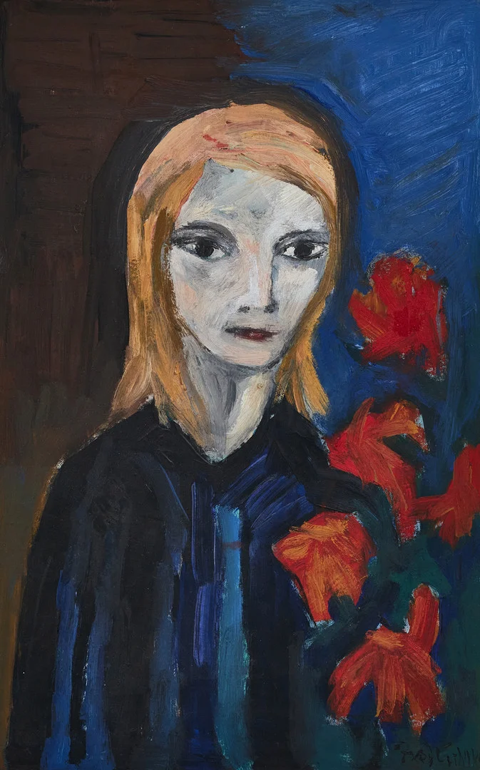 AXEL ERIKSSON (1923-2010). Flicka med röda blommor, signerad Axel Eriksson, olja på pannå. — Paintings — Crafoord Auktioner Stockholm