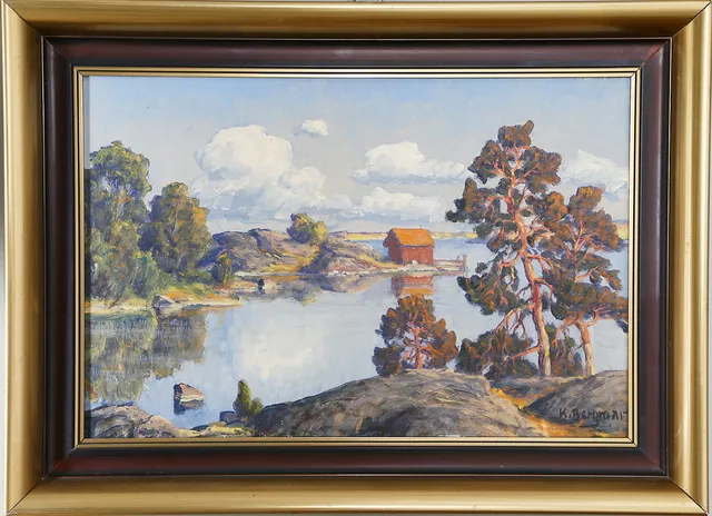 KARL BERGMAN. Skärgårdsmiljö, olja på duk, signerad.