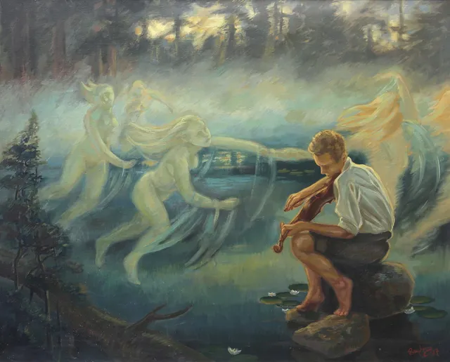 PALLE ÅBERG. "Spelmanen och älvorna", olja på duk, signerad och daterad 1958.