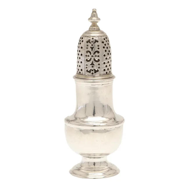 A GEORGE II SILVER PEPPER CASTER.