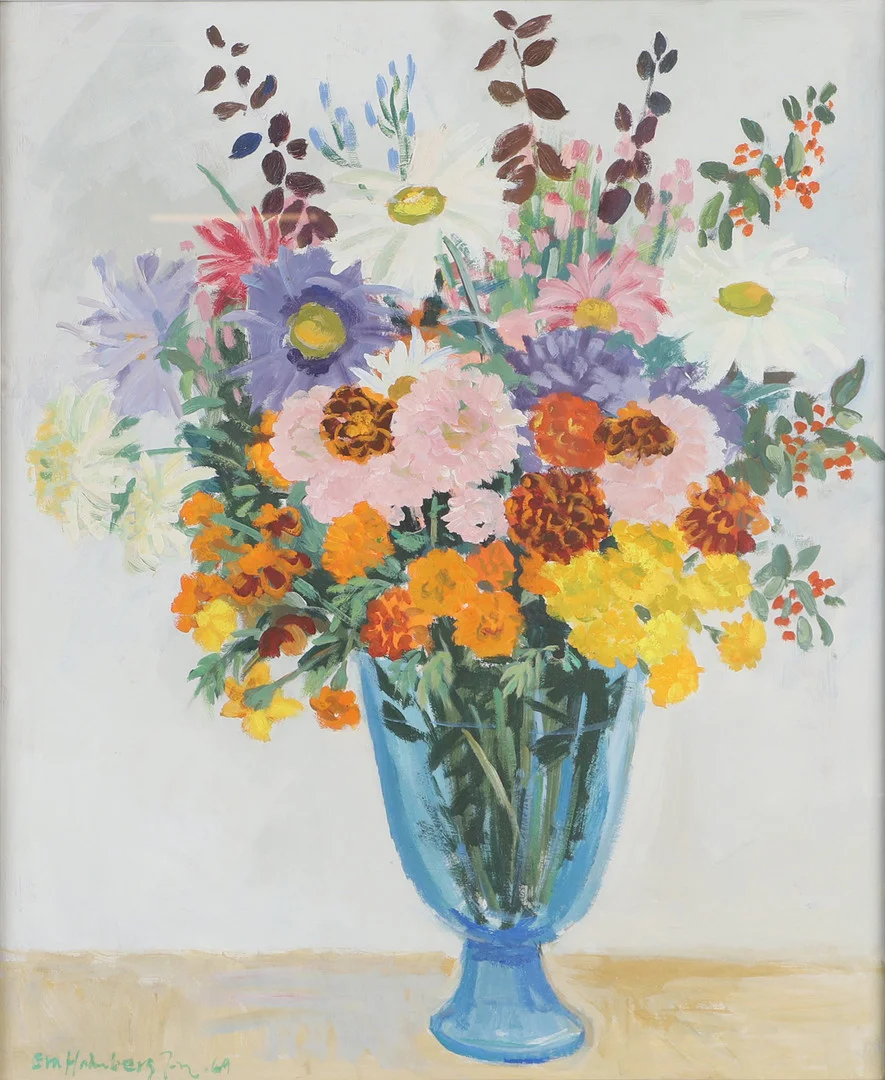 EVA HOLMBERG JAKOBSSON. Blomsterstilleben, blandteknik, signerad -69. — Paintings — Helsingborgs Auktionskammare