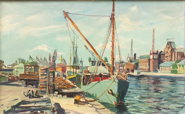 PENTTI VEROMA (FINLAND, 1903-1979). Hamnmotiv, möjligen Åbo, olja på duk, signerad.