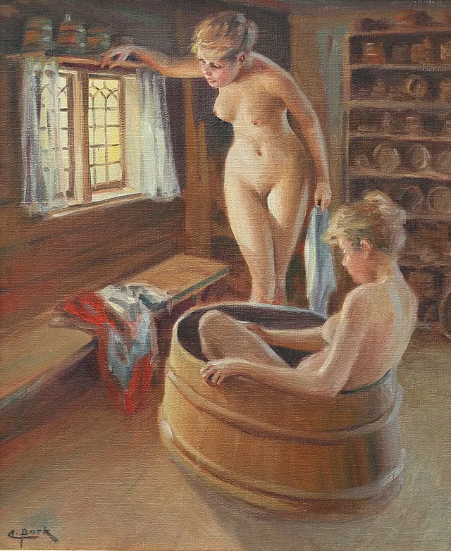 ARNE BARK. Bad, olja på duk, signerad.