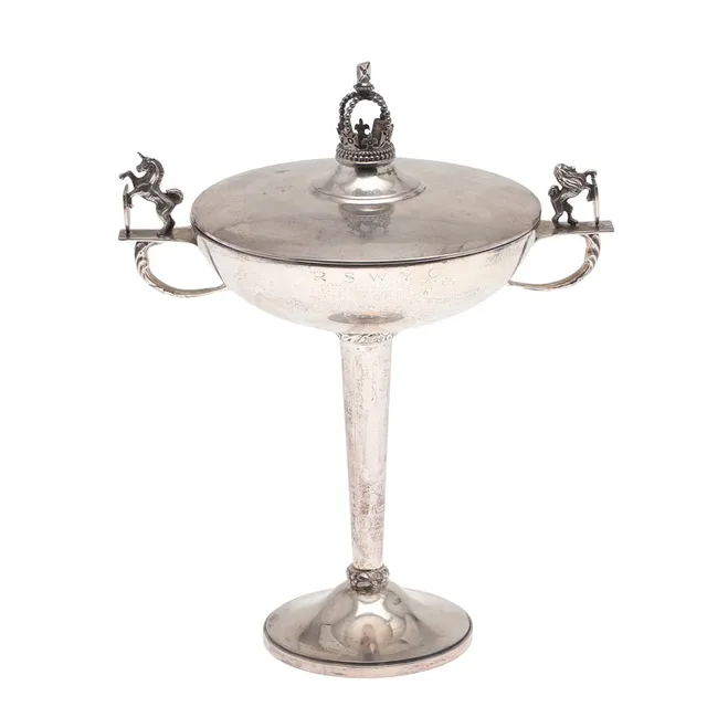 A GEORGE VI SILVER CORONATION SOUVENIR TWIN HANDLED CUP AND COVER.