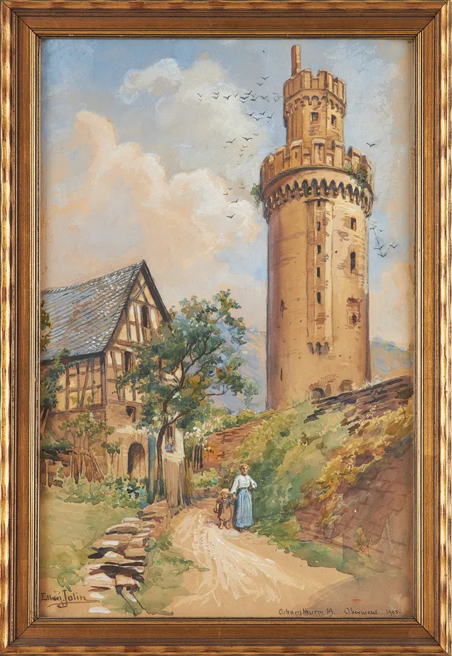 ELLEN JOLIN. Ochsenturm Oberwesel, akvarell, signerad och daterad 1905.