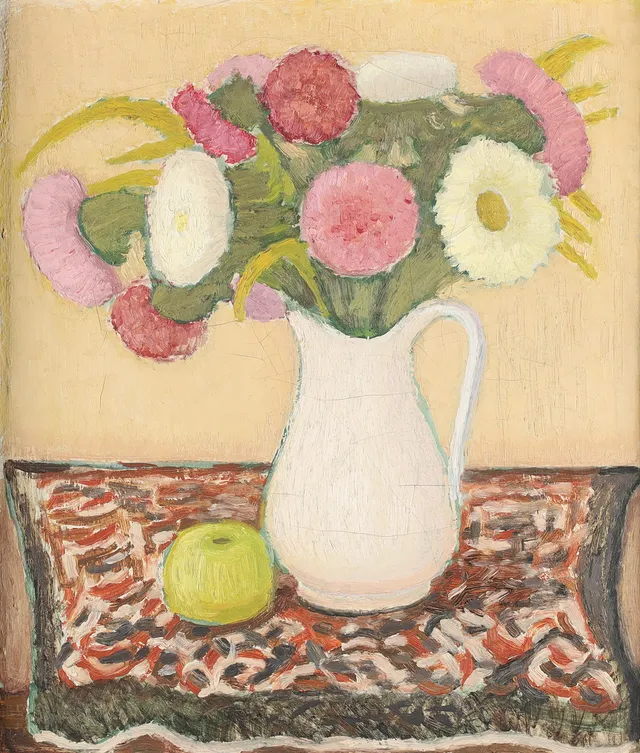 AAGE JEPPESEN (1894-?). Opstilling med blomster i en kande, olie på lærred, signeret.