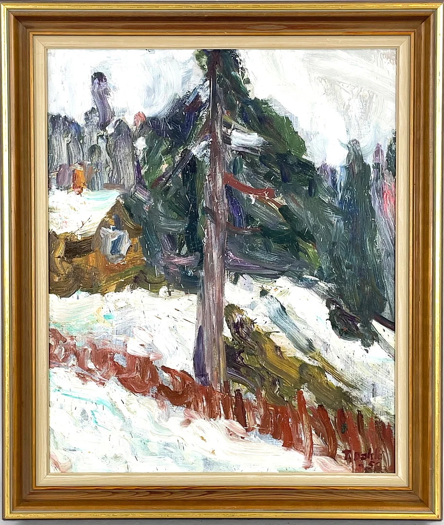 TURE DAHLÖ. Olja på pannå, bakom rött staket, signerad T. Dahlö samt daterad -59. — Paintings — Roslagens Auktionsverk