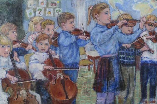 LISE DROUGGE. "Musik, musik", olja på pannå, signerad, daterad 90.