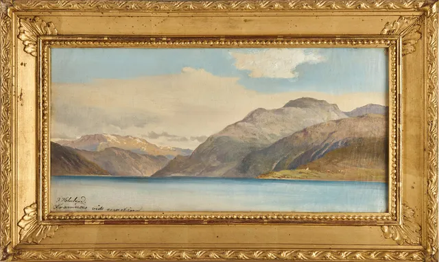 JOSEFINA HOLMLUND (Stockholm 1827-1905 Stockholm): Vy över Framnæs vid Sognefjorden, Norge, olja på duk.