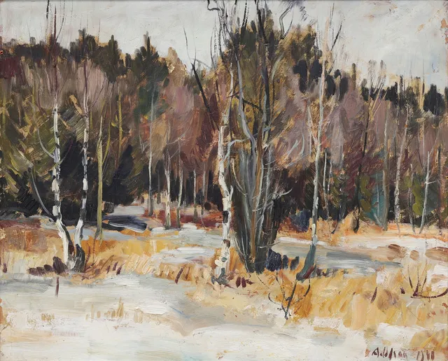 ANDERS OLSON. "Lövskog", olja på pannå, signerad.