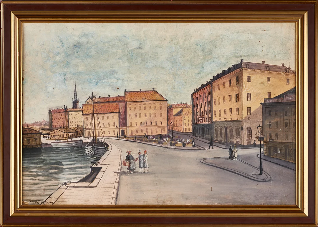 ALFRED WETTERSTRÖM (1863-1934). Kornhamnstorg Stockholm, signerad och daterad -27, akvarell. — Paintings — Crafoord Auktioner Stockholm