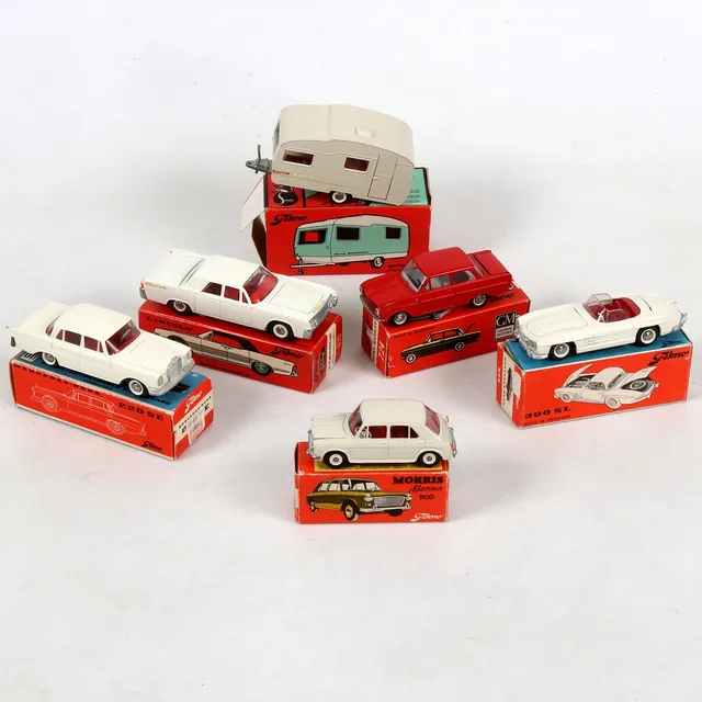 MODELLBILAR i originallådor, 6 st, Tekno Toys, Danmark, 1900-talets andra hälft.