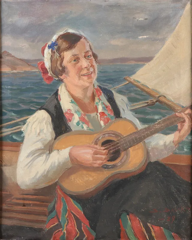 SANTERI SALOKIVI. Oljemålning på duk. Porträtt av kvinna med gitarr. Signerad.