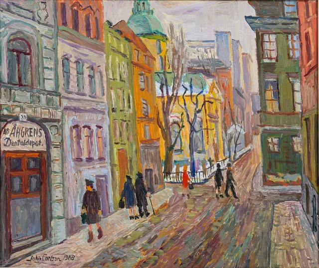 JOHN CARLSON. Vy mot Adolf Fredriks kyrka från Holländargatan 20, olja på duk, signerad samt daterad 1968.