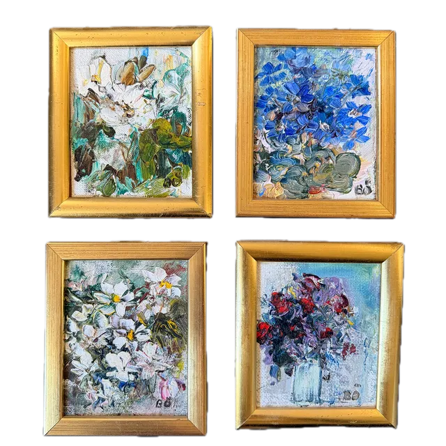 BIRGIT ÖFVERSTRÖM. Olja på Pannå. 4st. Blomstermotiv.