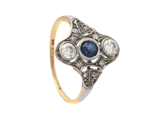 RING, 18K guld/platina, diamanter, åttkant-, rosen- och gammalslipade, de två större ca W/VS, syntetisk safir, storlek ca 17 mm, vikt 2,5 g, tunn ringskena med svag datumgravyr och bortnötta stämplar.