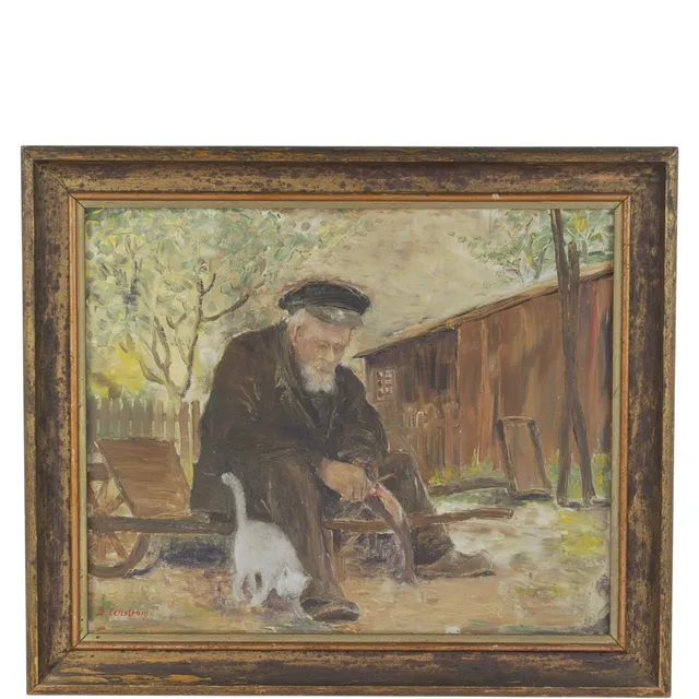BROR TELLSTRÖM. Olja på duk, man som täljer, katt stryker sig, signerad.