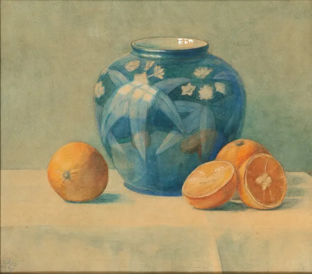 UBEKENDT KUNSTNER. Stilleben med vase og appelsiner, akvarel, signeret og dateret 1940.