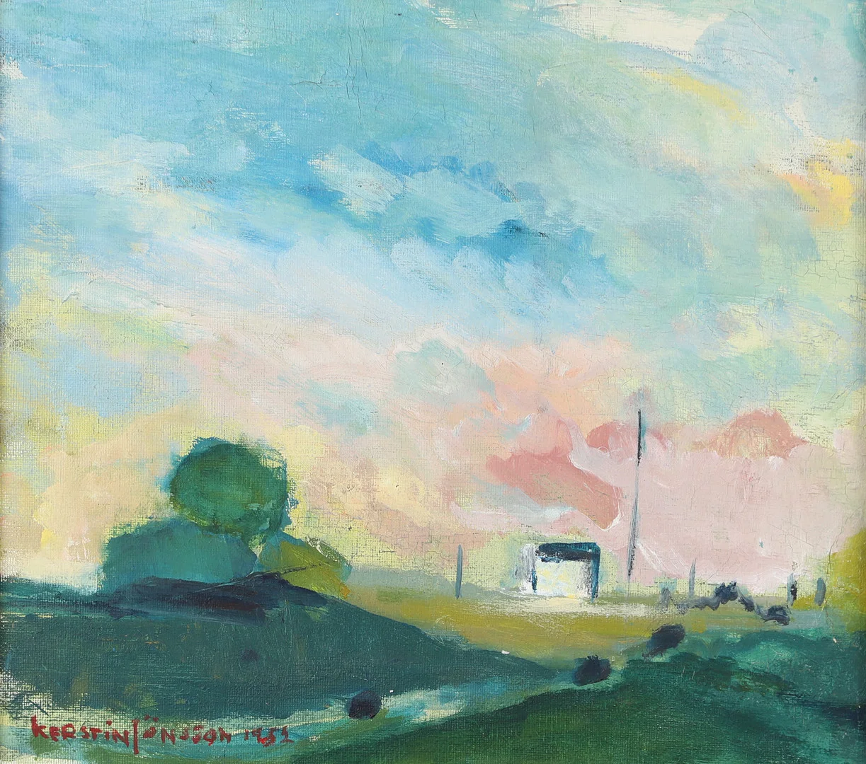 KERSTIN JÖNSSON. Landskap, olja på duk, signerad 1951. — Paintings — Helsingborgs Auktionskammare