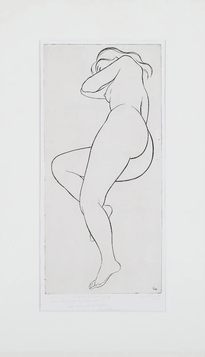 Nude women, 1953. Both signed Ernst Hansen with dedications, one to William Fridericia. Two etchings, mounted in passepartout. Visible size 46×28.5 and 47×22 cm. Unframed. (2) — Modern Prints/Classical modernism — Bruun Rasmussen