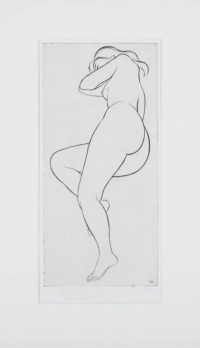 Nude women, 1953. Both signed Ernst Hansen with dedications, one to William Fridericia. Two etchings, mounted in passepartout. Visible size 46×28.5 and 47×22 cm. Unframed. (2)