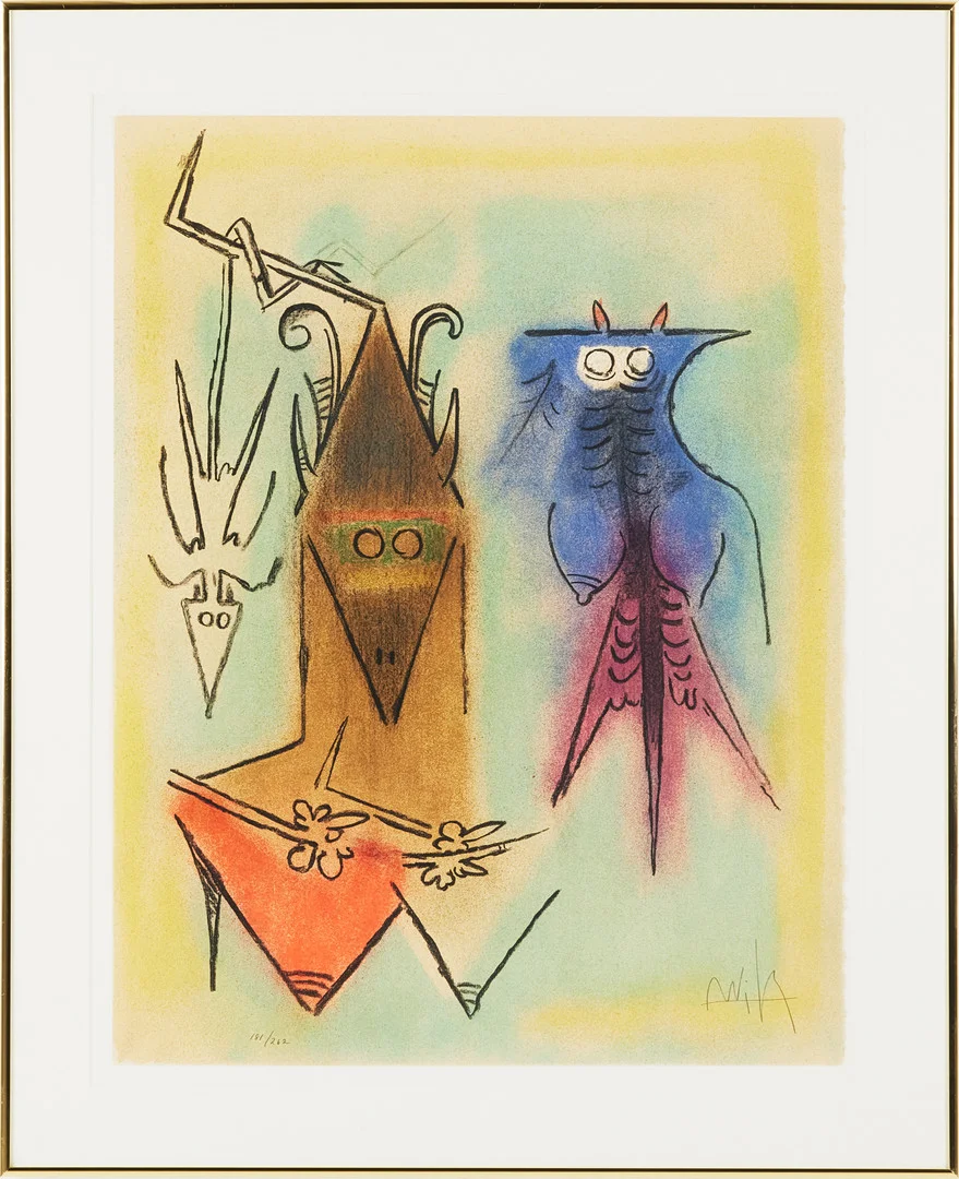 WILFREDO LAM. "Arbre de Plumes", signerad och numrerad 181/262, färglitografi. — Engravings & Prints — Stockholms Auktionsverk Magasin 5