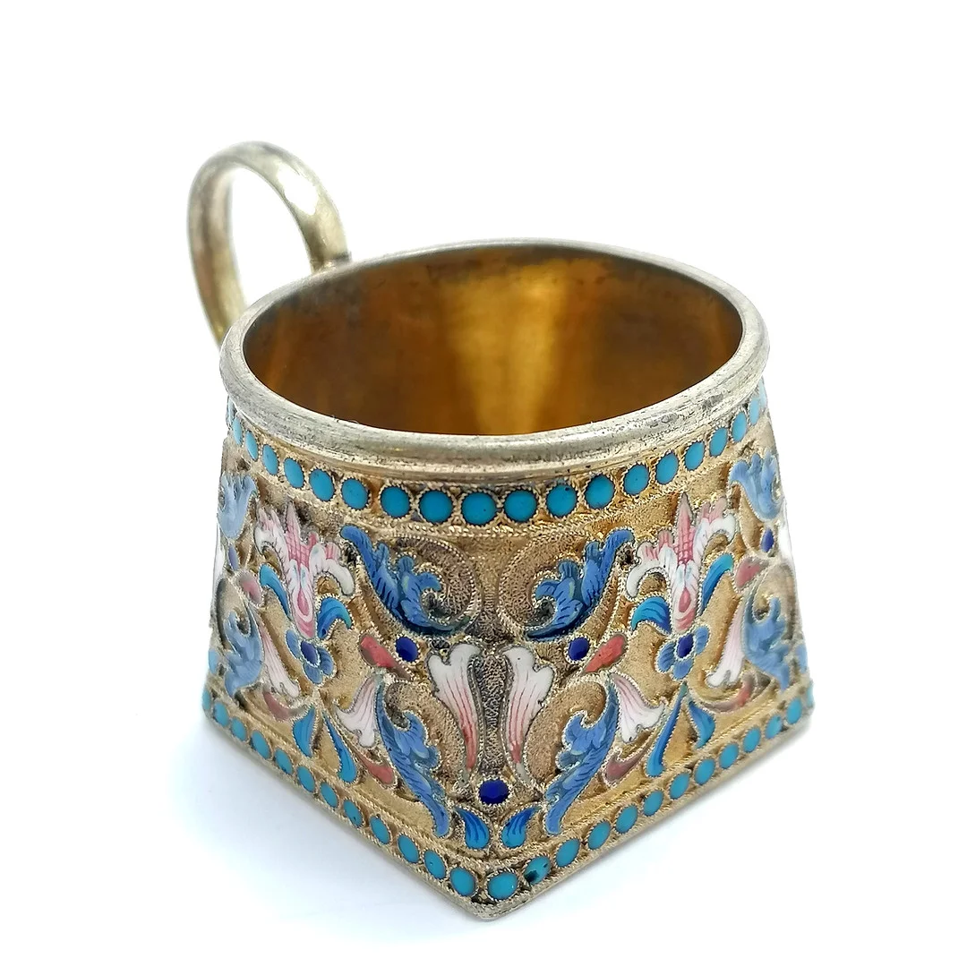 ANTIQUE RUSSIAN ENAMEL SILVER PODSTAKANNIK BY IVAN SALTYKOV. — Silver — Acreman St Auctioneers & Valuers