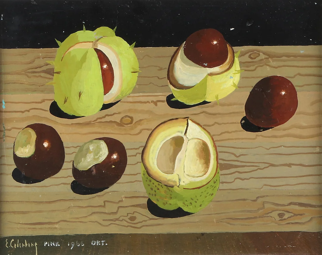 ERIC CEDERBERG. Tempera. Stilleben med kastanjer. Signerad och daterad 1966. — Paintings — Skånes Auktionsverk