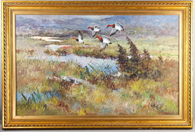 KNUT VALINDER (SVERIGE, 1909-1987). Flygande änder, olja på duk.