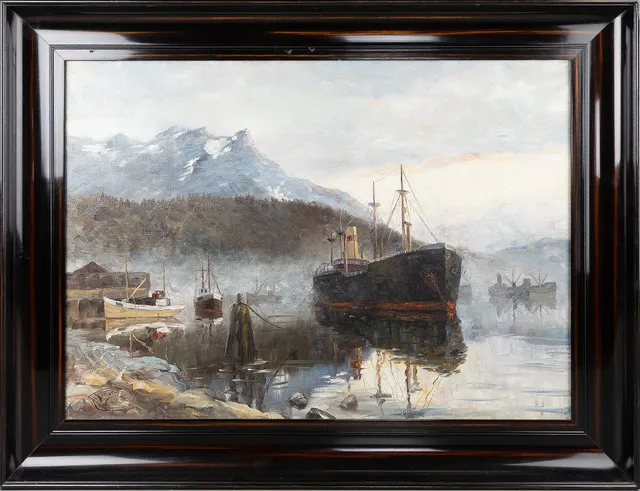 JOHANNES RAVN. Fjordlandskap med båtar, olja på duk.