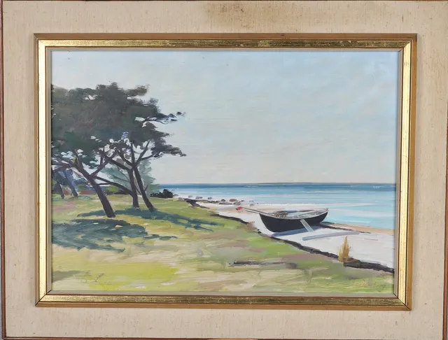 GUNNAR MOSSBERG. Olja på pannå, " Strandparti vid Västergarn, Gotland", signerad.