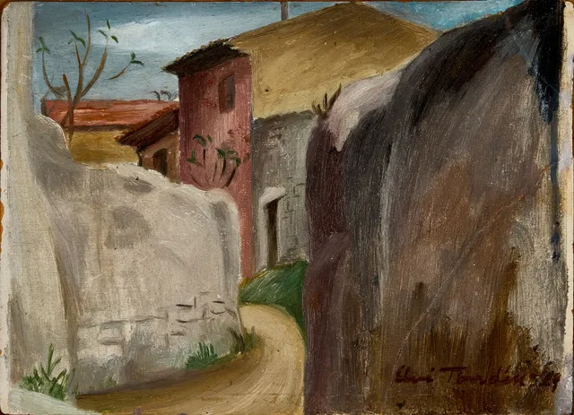 ELVI TONDÉN (Stockholm 1886-1971), Gata i sydländsk by, signerad och daterad Elvi Tondén, -29, olja på pappannå.