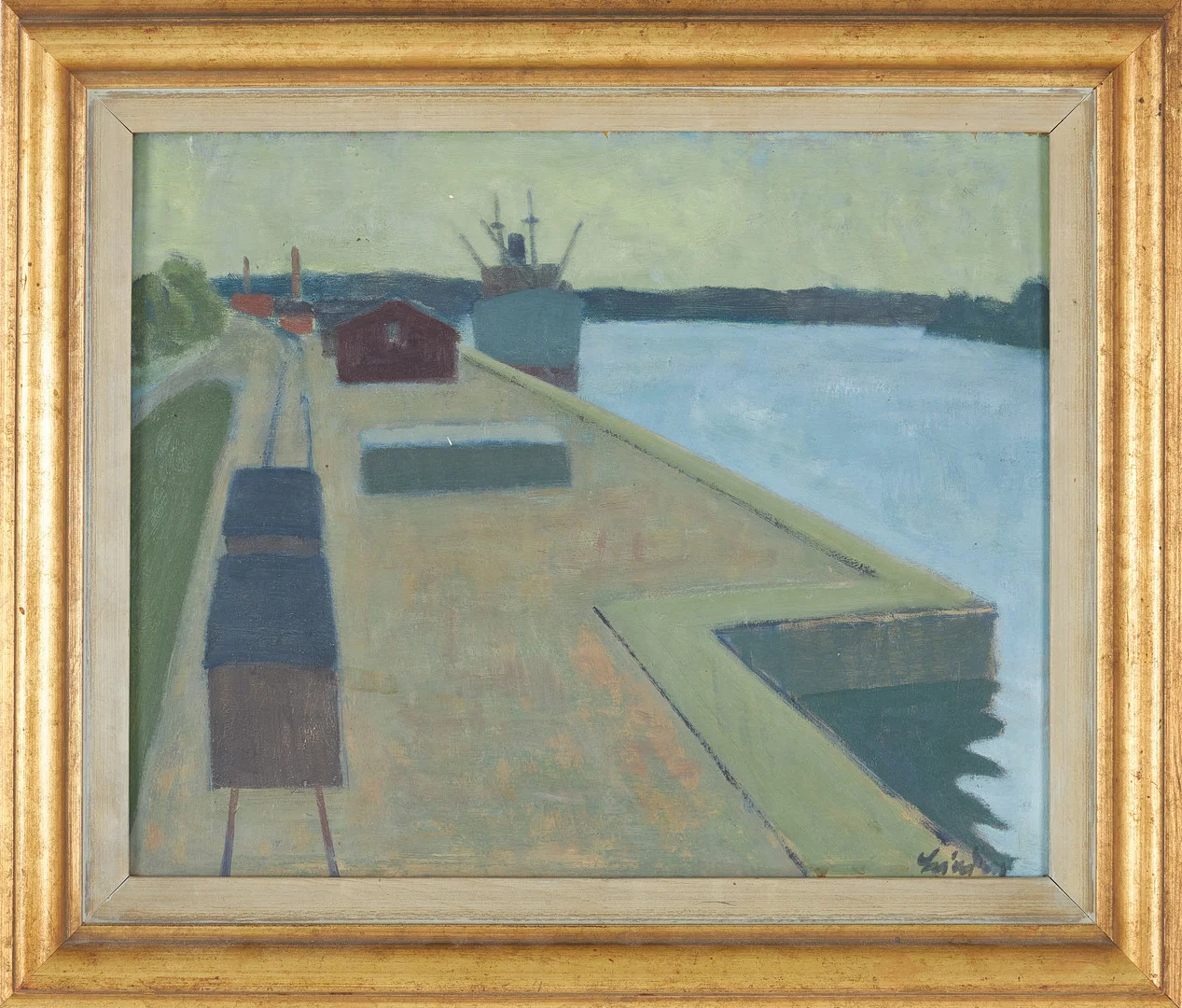 HELGE LINDEN. olja på pannå, hamnmotiv, signerad. — Paintings — Stockholms Auktionsverk Sickla