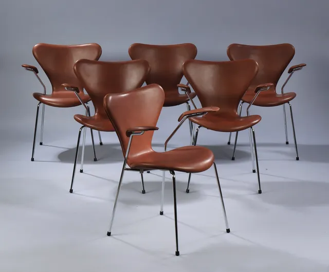 Arne Jacobsen. A set of six armchairs 'Syveren', model 3207, brown 'Vacona' aniline leather. (6)