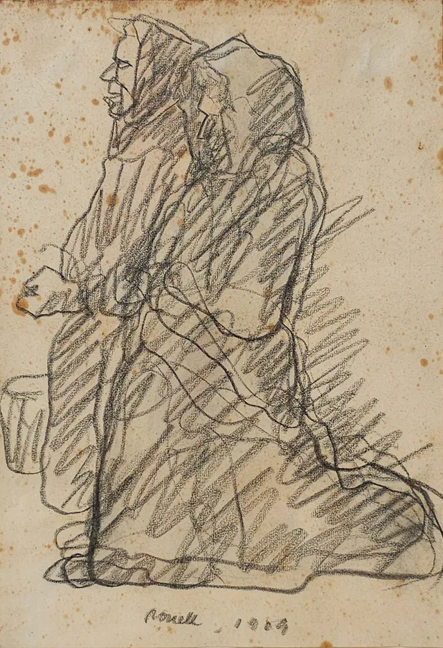 ISIDRE NONELL. DIBUJO A CARBÓN, "PAREJA DE ANCIANAS", FIRMADO NONELL 1904.