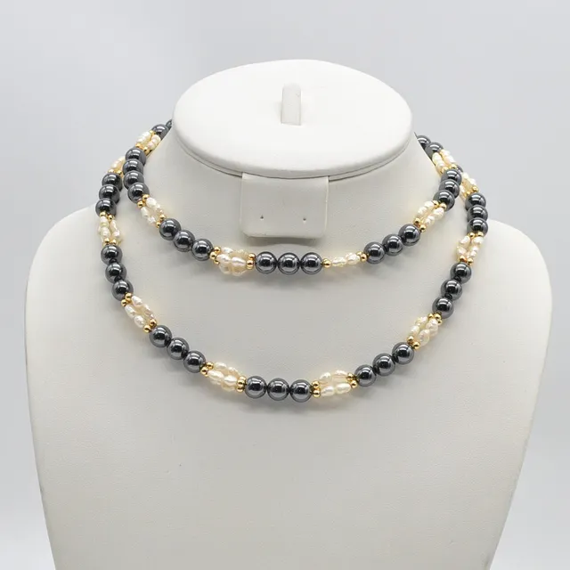 HÄMATIT PERLENCOLLIER MIT BIWA SÜSSWASSERPERLEN, VINTAGE, CA. 81CM.