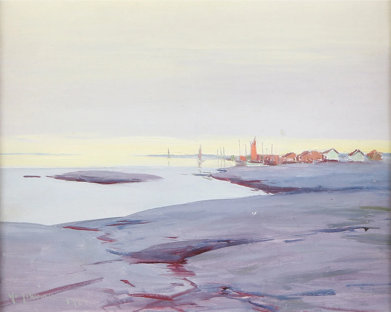 YO JOHANSSON. Oljemålning på duk. Signerad och daterad 1927. Båtar vid fiskehamn. — Paintings — Skånes Auktionsverk
